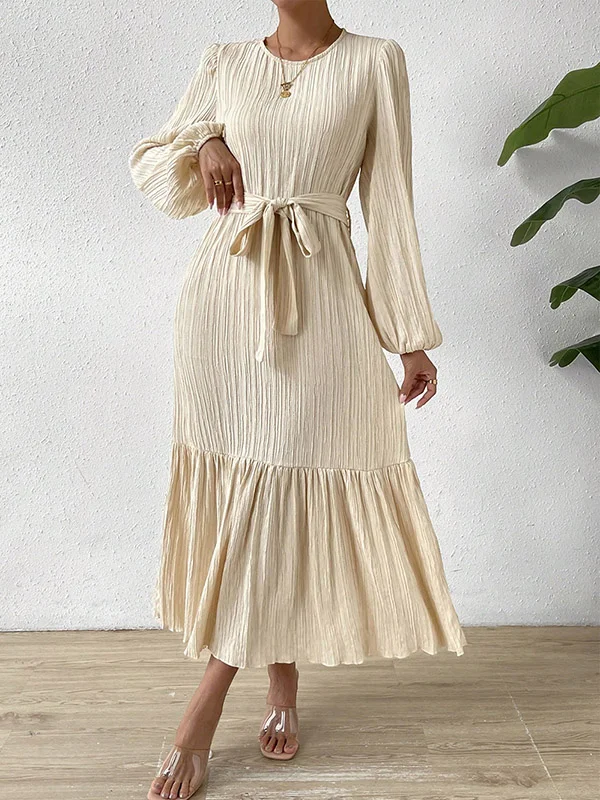 A-line Long Sleeves Elasticity Pleated Solid Color Split-Joint Tied Waist Round-neck Midi Dresses