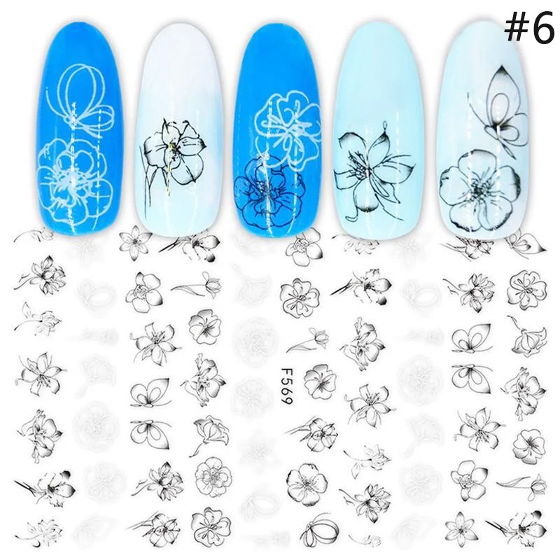 1pcs Black White Letter Stickers For Nails Flower Leaf Linear Transfer Decals Slider 3D Nail Art Decorations Wraps