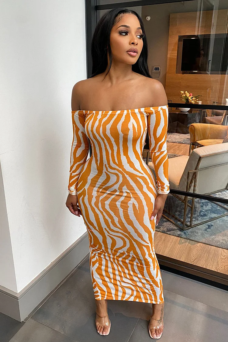 Zebra Print Off Shoulder Long Sleeve Backless Bodycon Maxi Dresses