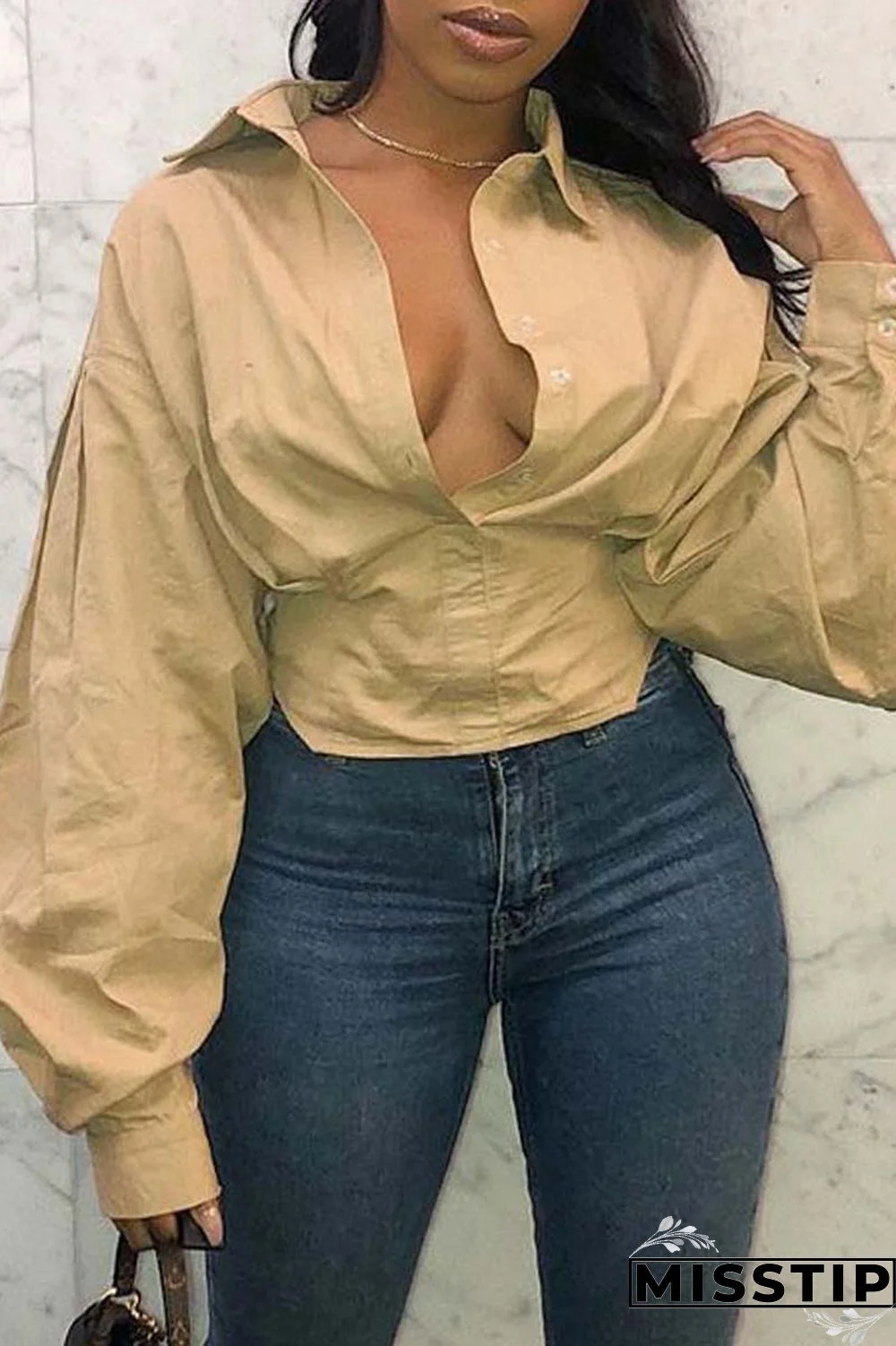 Black Casual Solid Patchwork Turndown Collar Tops