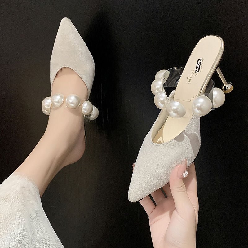 2022 Women Shoe Designer Pearl Strap Fairy Style Sandals Pointed Luxury 8cm Thin High Heels Pumps