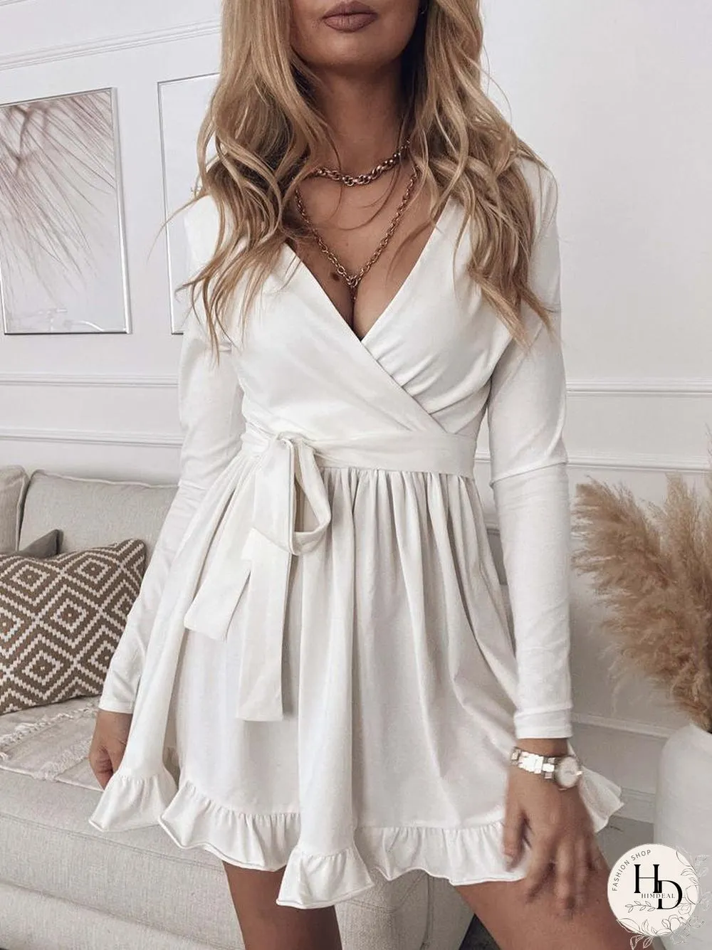Women'S Dresses Slim Fit Deep V Neck Long Sleeve Mini Dress
