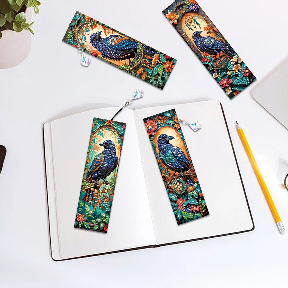 4Pcs 5D DIY Flowers Crows Special Shape Diamond Painting Bookmark for Beginners