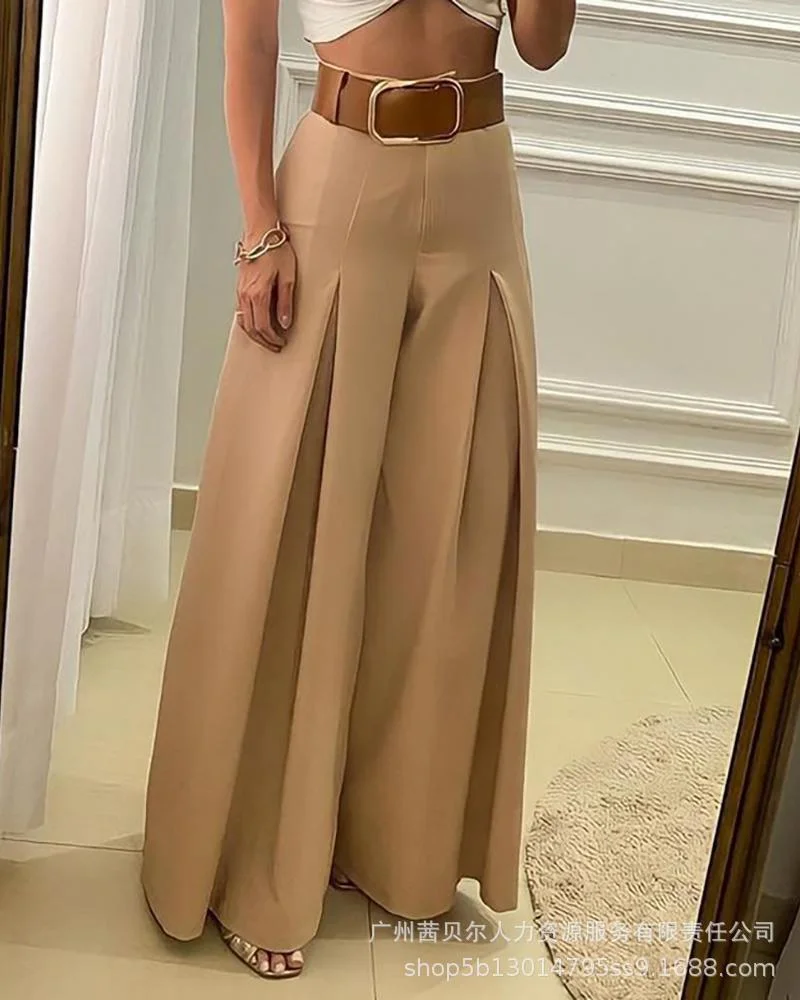 Ueong Fashion Khaki Wide-Leg Pants-Waistless LZS1723