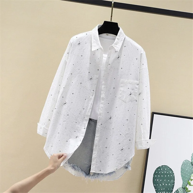 Women Blouses Shirts Tunic Womens Tops Clothing 2020 Womenswear Long Sleeve Button Up Down White Star Print New Fashion Autumn