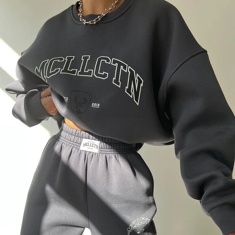 Letter Printed Thickened Suit Plus Velvet Sweatshirt Long-Sleeved Pants Suit at Hiphopee