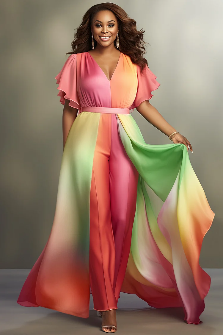 Xpluswear Design Plus Size Wedding Guest Multicolor Elegant Gradient V Neck Flutter Sleeve Short Sleeve Satin Jumpsuits [Pre-Order] 2024 - Xpluswear