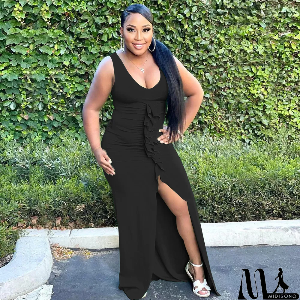 MidiSono - Solid Sleeveless V Neck Ruffled Split Maxi Dress