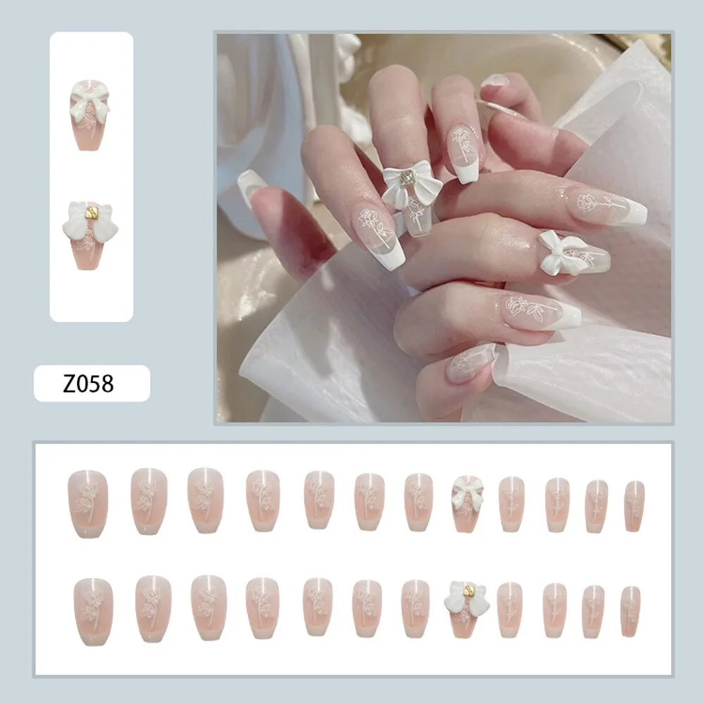 24Pcs Detachable Butterfly Rhinestone French Ballerina False Nails Artificial Coffin Full Cover Fake Nails With Glue Manicure-Nail Inspo