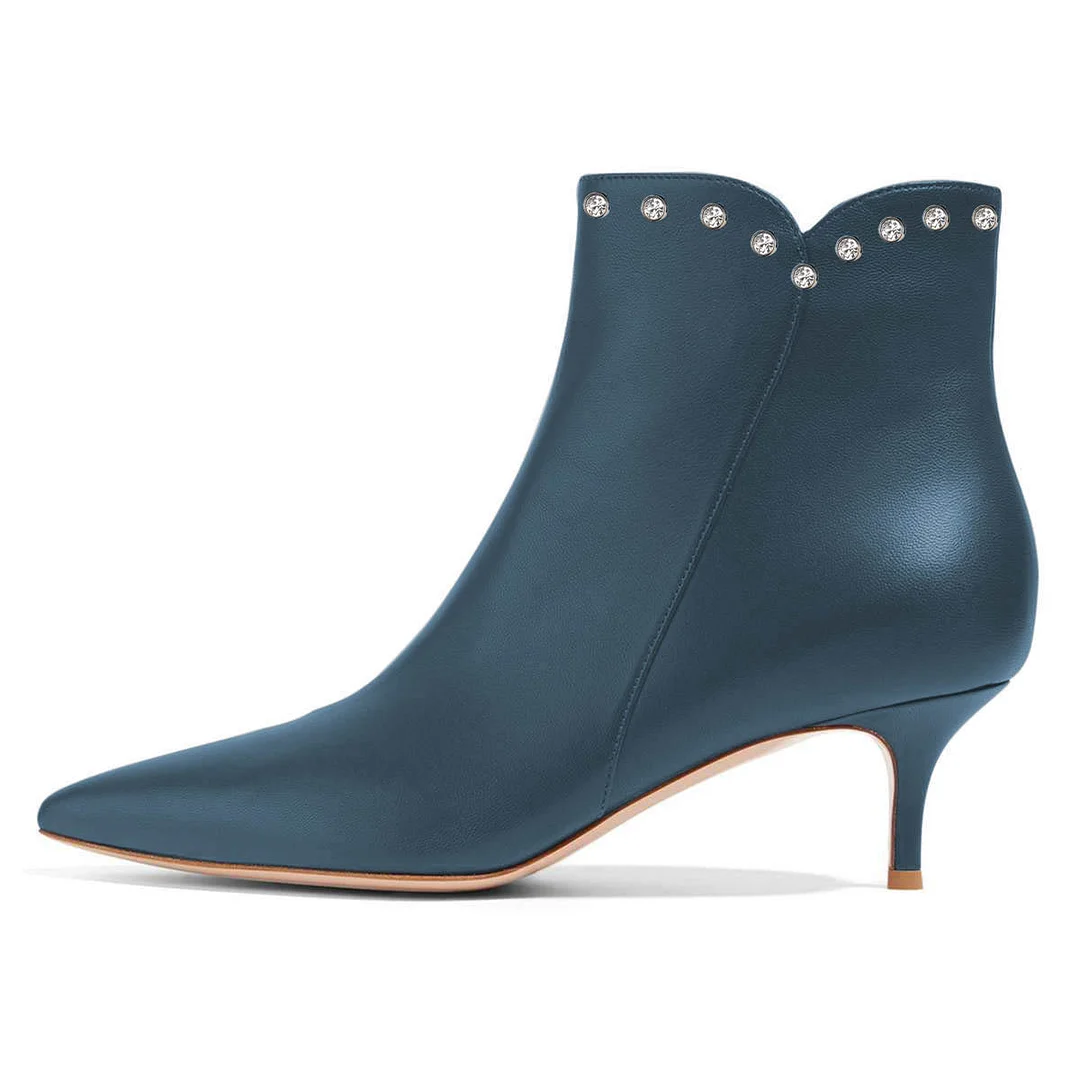Steel Blue Pointed Toe Rhinestone Kitten Heel Zipper Booties for Women