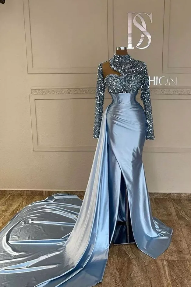 Daisda Chic Blue Sequins Long Sleeve Pleated Prom Dress with Split