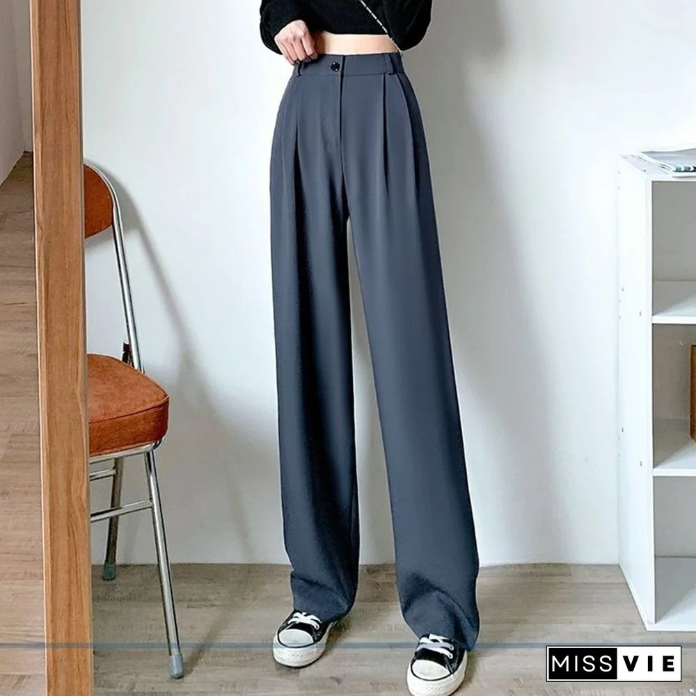 Fashion Thin Women Wide Leg Pants Summer High Waist Elastic Office Lady Loose Trousers Vintage Korean Solid Straight Pants New