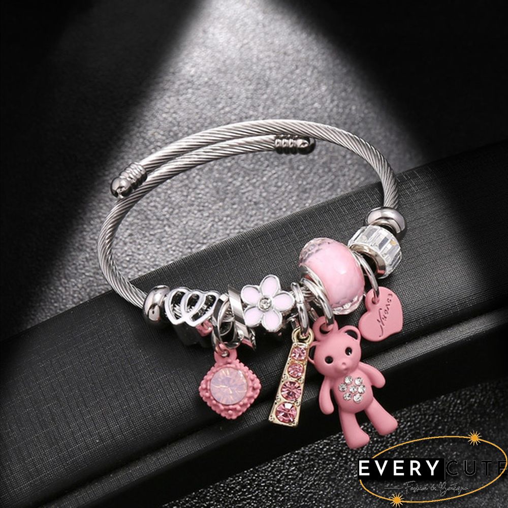 Fashion Bracelets & Bangles Stainless Steel DIY Jewelry Big Pink Bear Pendant Hearts Love Women's Bracelet Cuff Charms Pulseras
