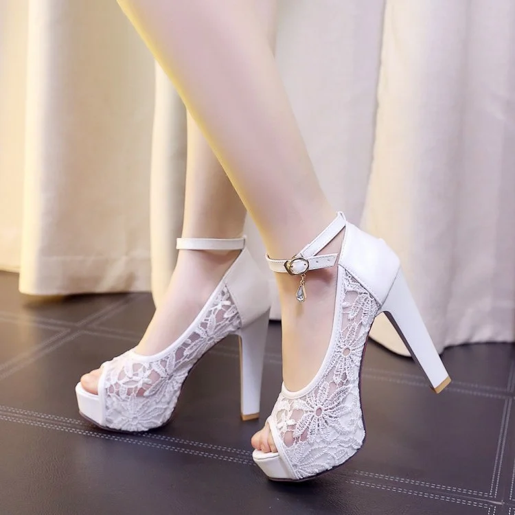 White Lace Peep Toe Chunky Heel Platform Wedding Pumps Vdcoo