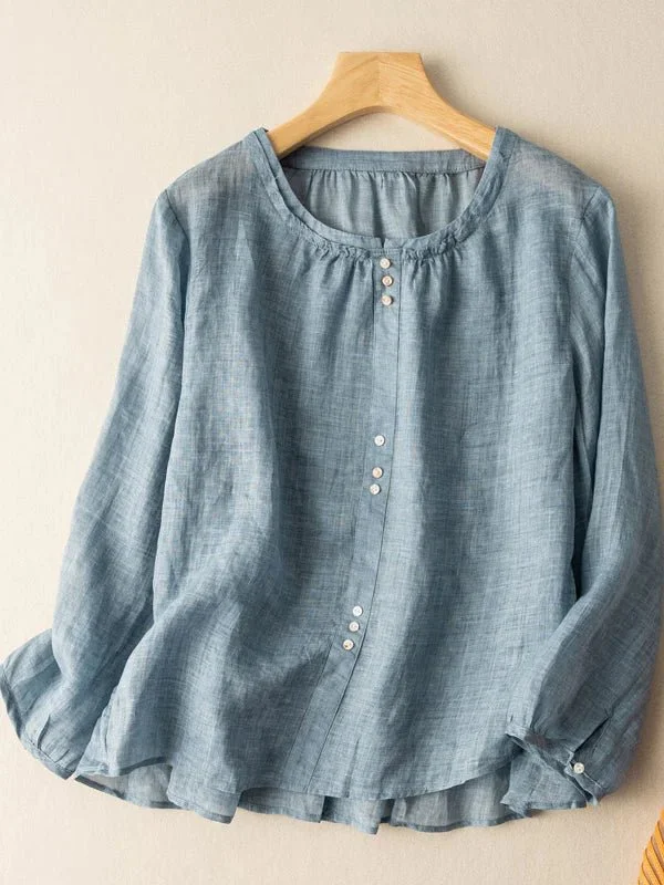 Pure Color Crew Neck Long Sleeve Casual Linen Top