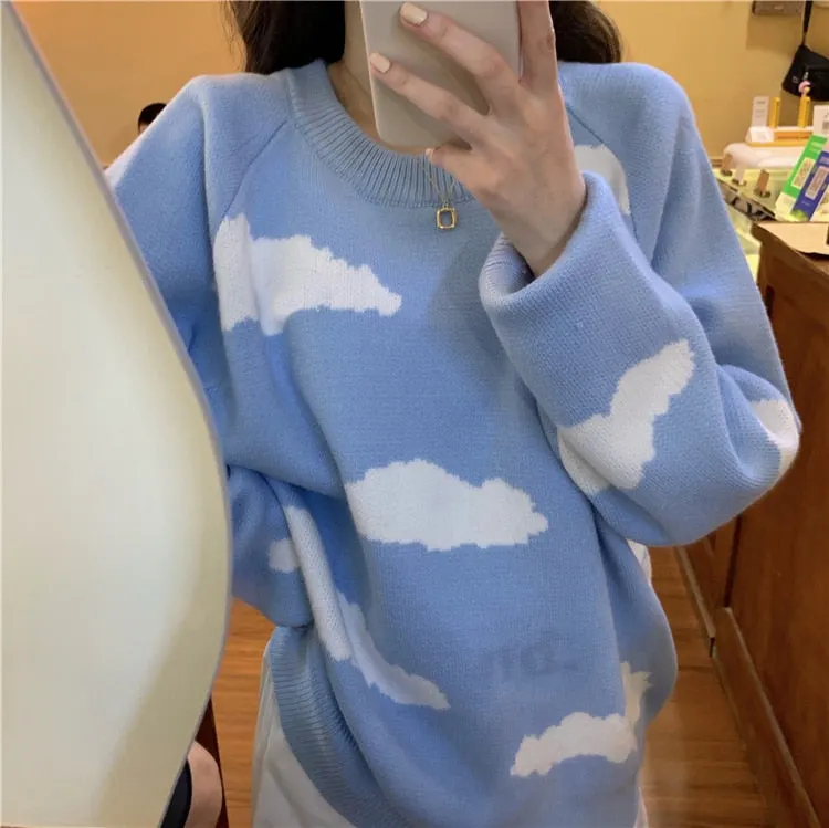 Korean Cartoon Cloud Women Sweater Chic Causal Oversized Knitted Pullover Tops 2021 Autumn New Pull Jumpers 6B805