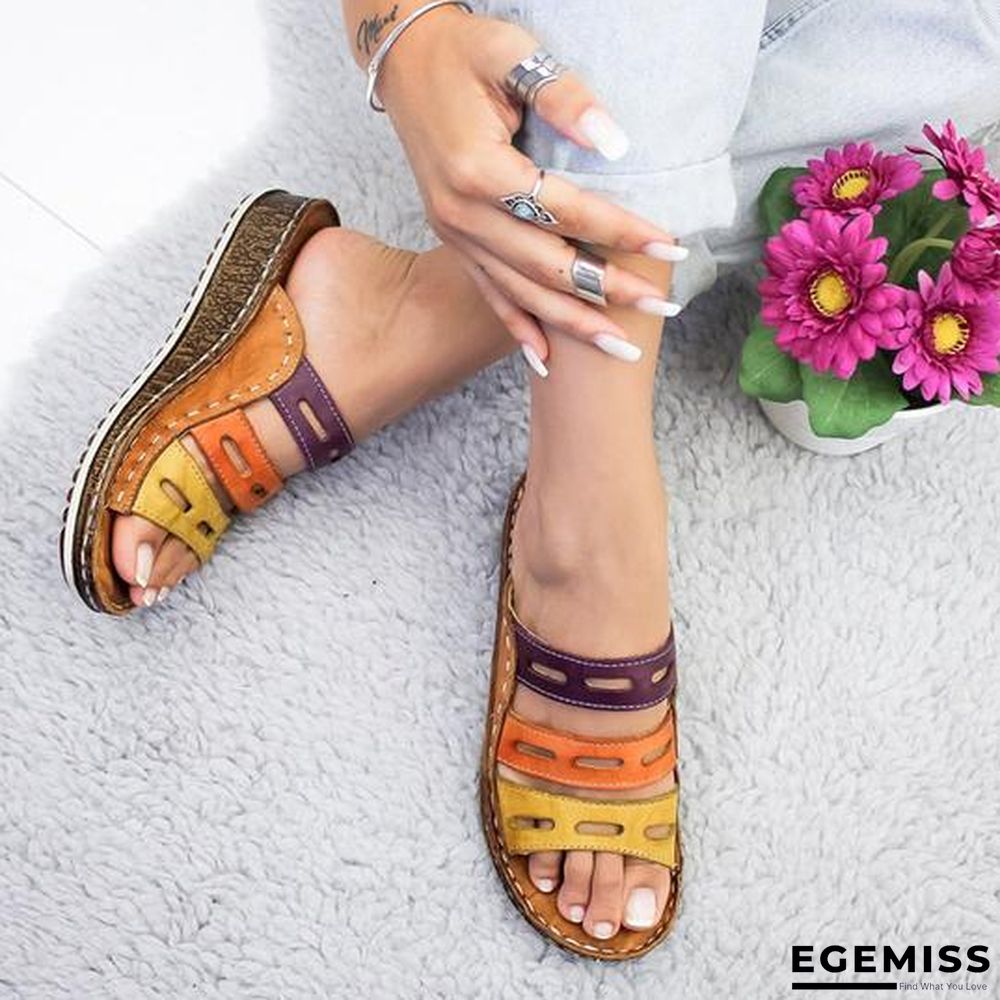 Women Three-color Stitching Casual Low Wedge Heel  Peep Toe Sandals Slippers Shoes | EGEMISS