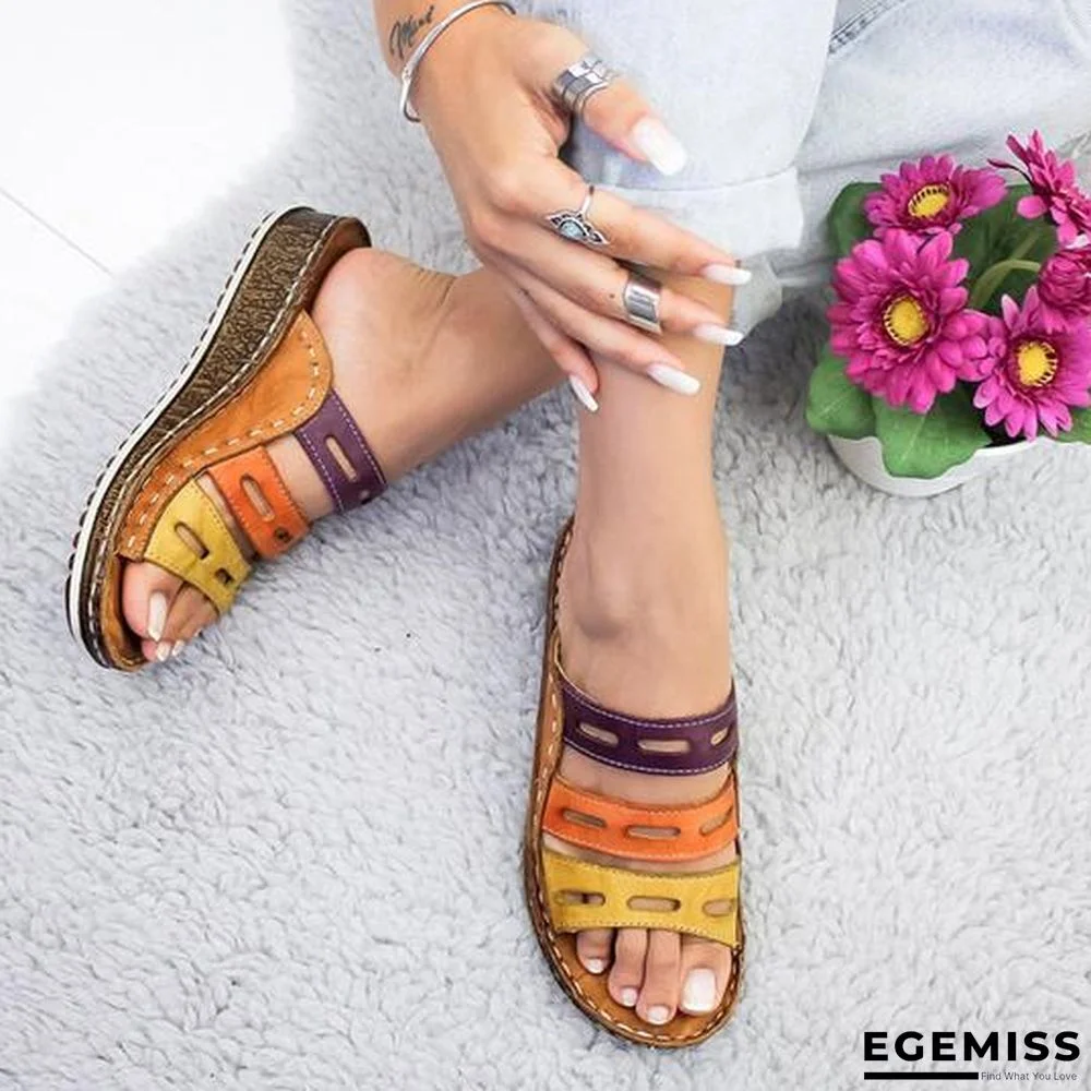 Women Three-color Stitching Casual Low Wedge Heel  Peep Toe Sandals Slippers Shoes | EGEMISS