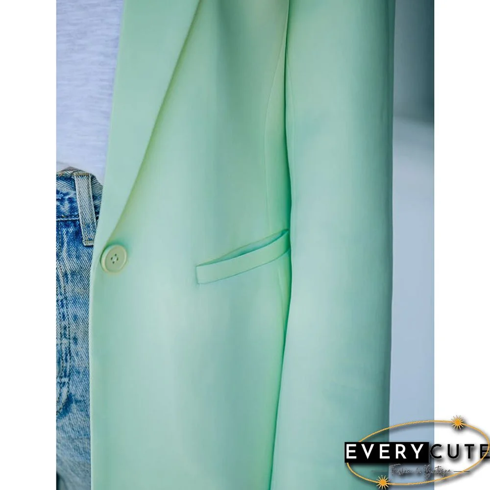 Light Green Candy Button Lapel Collar Long Sleeve Blazer