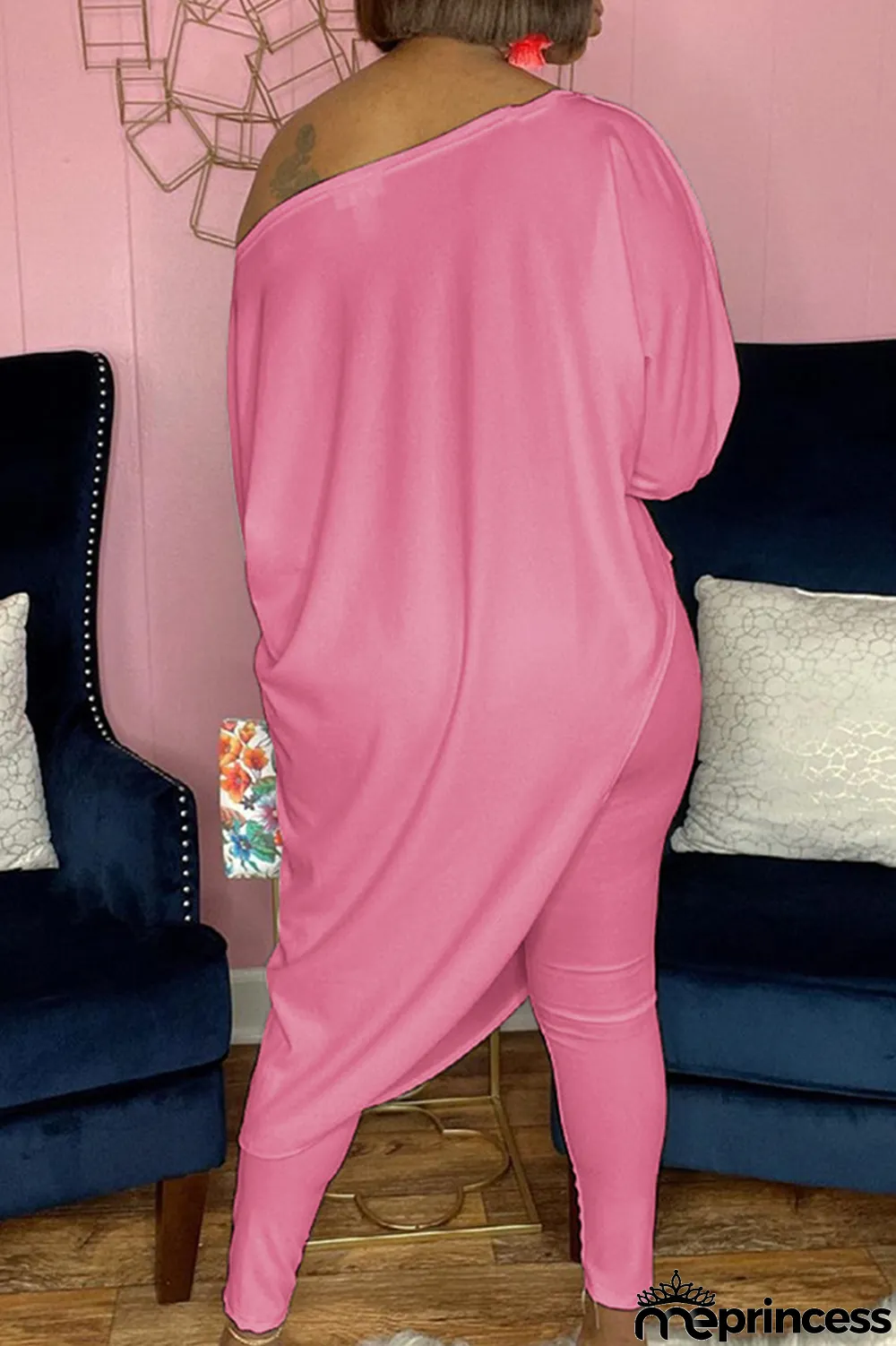 White Casual Print Split Joint One Shoulder Three Quarter Two Pieces