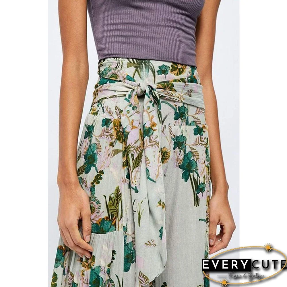 Light Green Digital Print Tie Waist Beachwear Wide Leg Pants