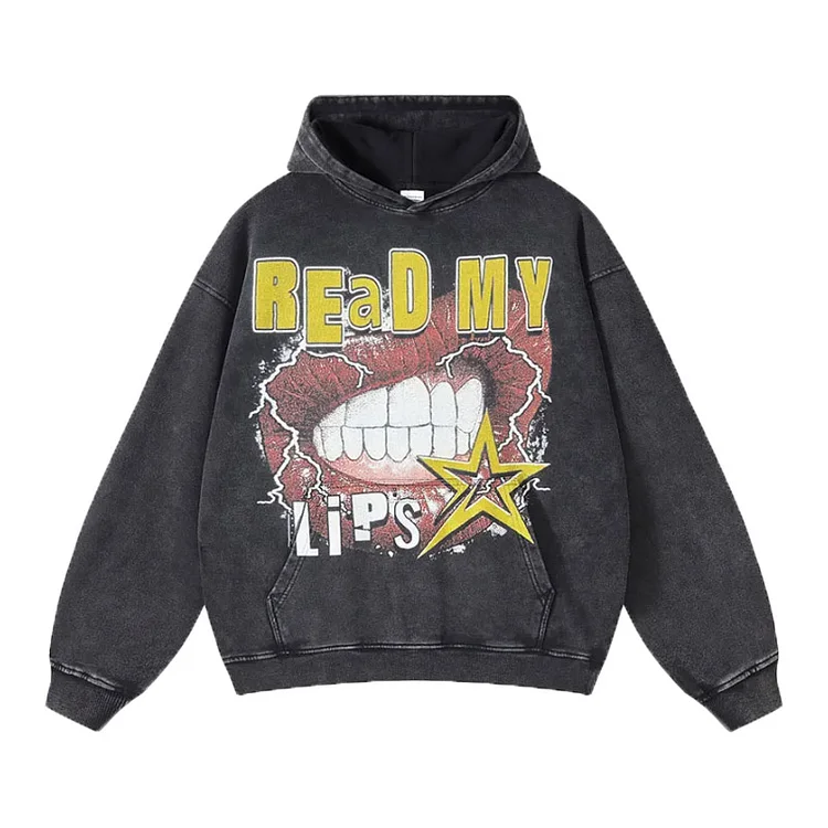 Hip Hop Vintage Funny Lips Star Graphic Print Washed Hoodie Punk Goth Streetwear at Hiphopee