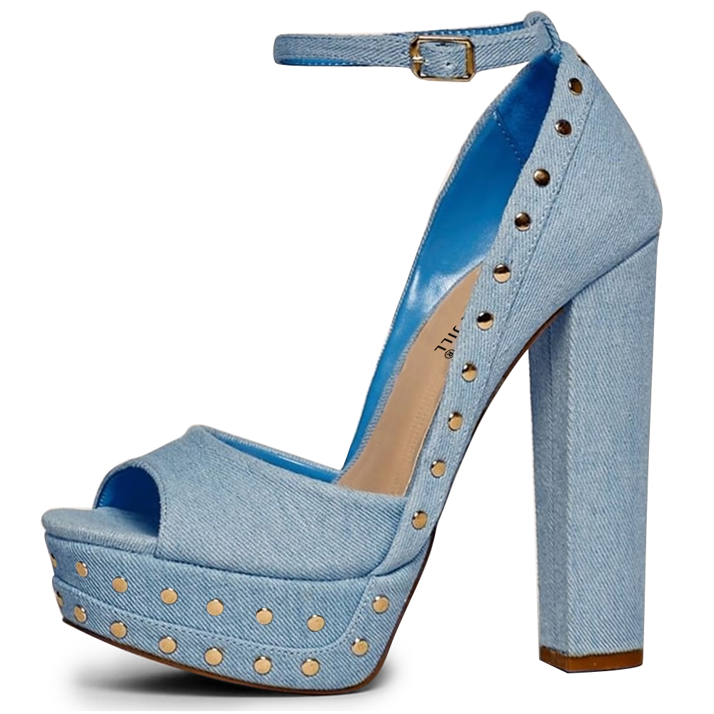 Chic Blue Denim Peep Toe Studded Ankle Strap Platform High Heels Nicepairs