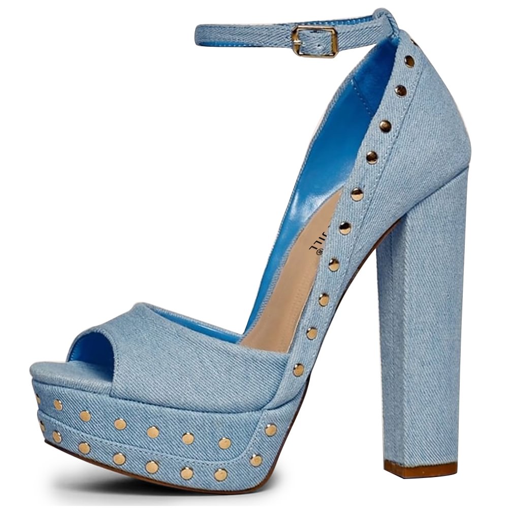 Blue Jeans Chunky Heels With Platform Ankle Strap Block Heels