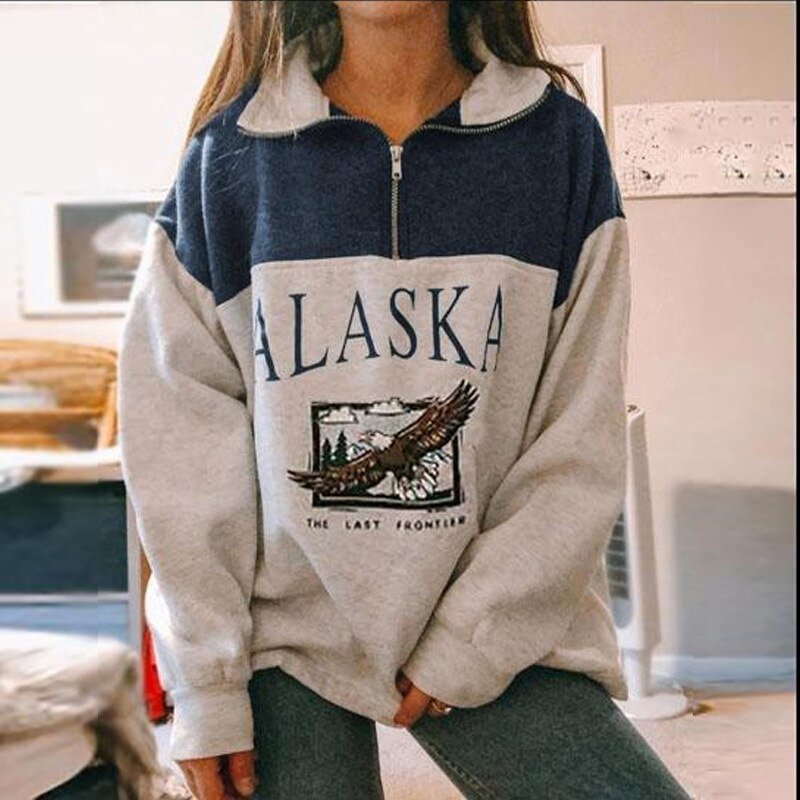 Stand Collar Sweatshirt Women Fashion Half Zipper Long Sleeve Vintage Sweatshirt Oversized Letter Print Casual Loose Sweatshirts