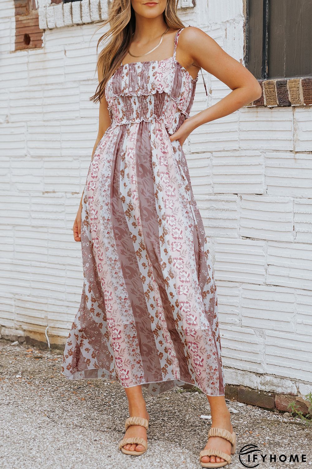 Multicolor Floral Print Frill Trim Smocked Spaghetti Strap Maxi Dress | IFYHOME