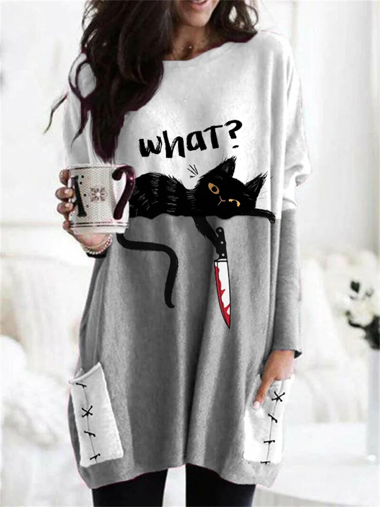 Wearshes Lying Cat With Bloody Knife Patch Pocket Tunic