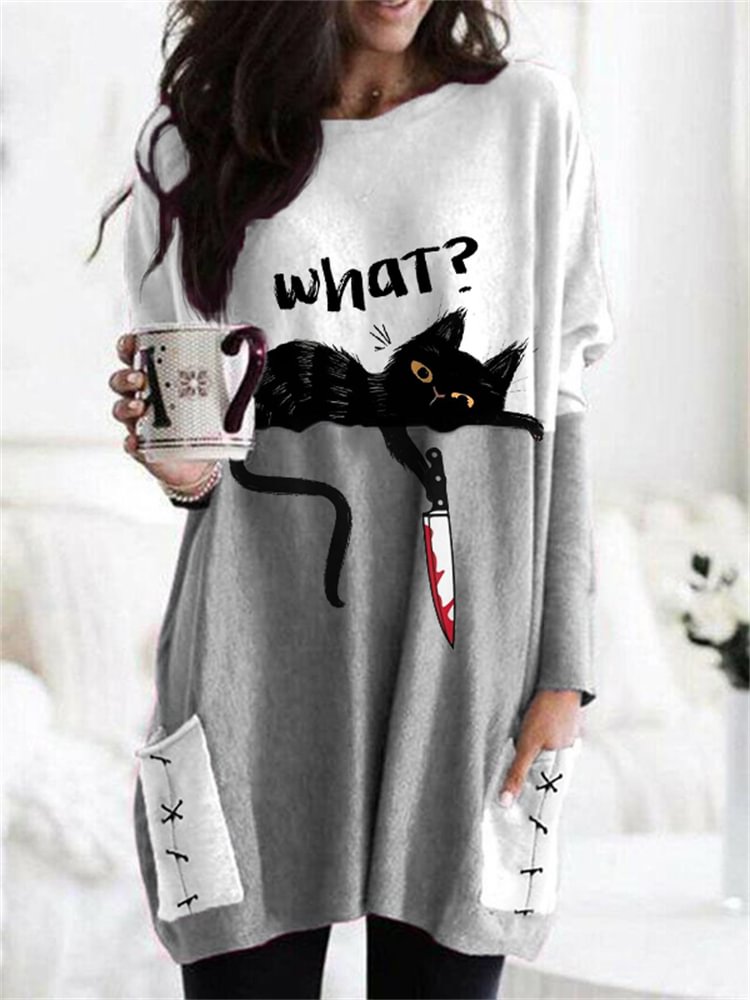 Lying Cat With Bloody Knife Patch Pocket Tunic