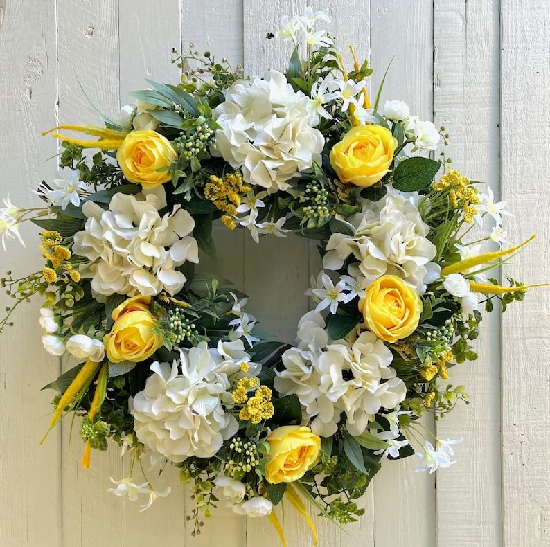 Yellow Rose Spring Cream Hydrangea Wreath for Front Door