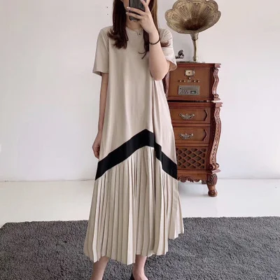 Niche Design Pleated Short Sleeve Midi Dress - yankia