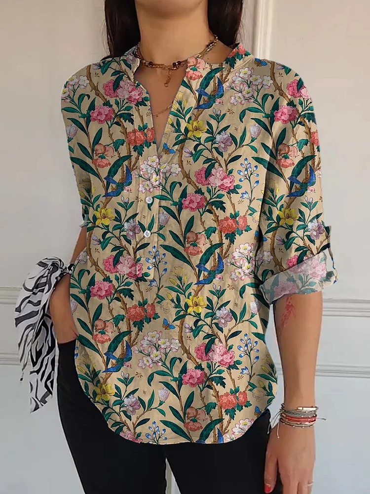 Tranquil Spring Bird And Floral Pattern Printed Women's  Print Casual Long Sleeve Comfortable Cotton Shirt