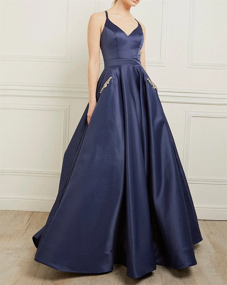 Women's Dark Blue Sleeveless Satin Dress