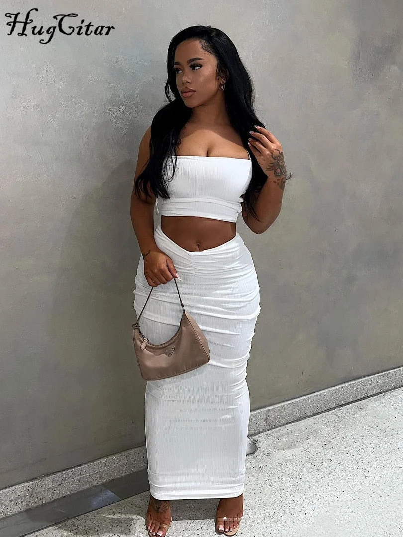 Hugcitar Solid Strapless Tube Crop Top Ruched Maxi Dress 2 Pieces Bodycon 2022 Summer Women Outfit Streetwear Party Y2K Vendor