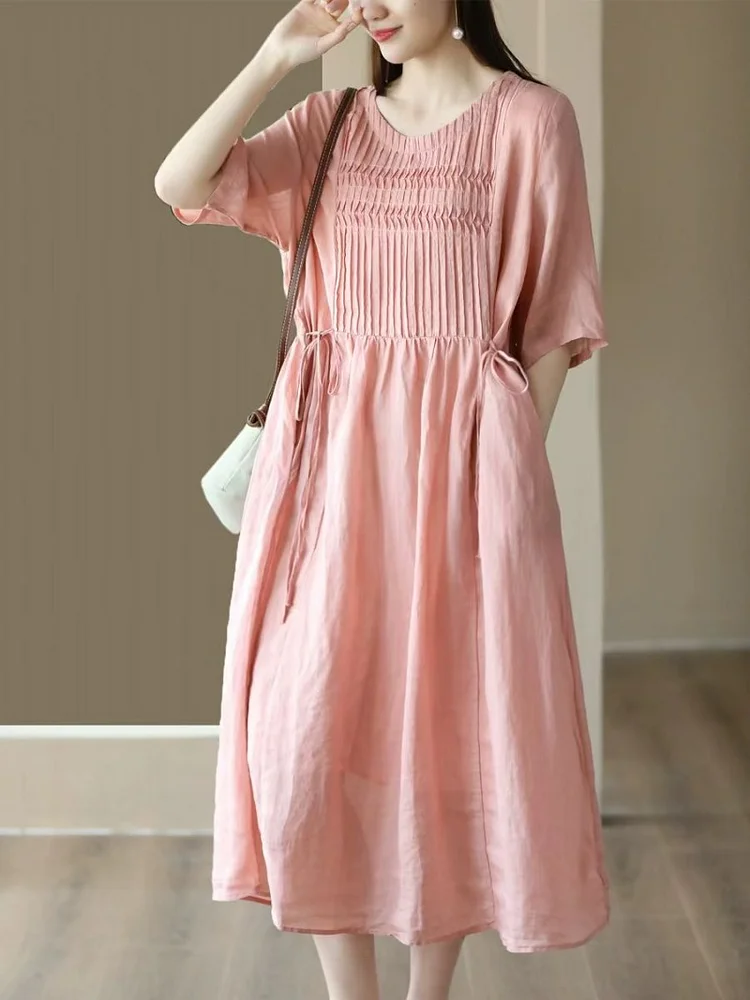 Literary Ramie Pleated Short Sleeve Dress