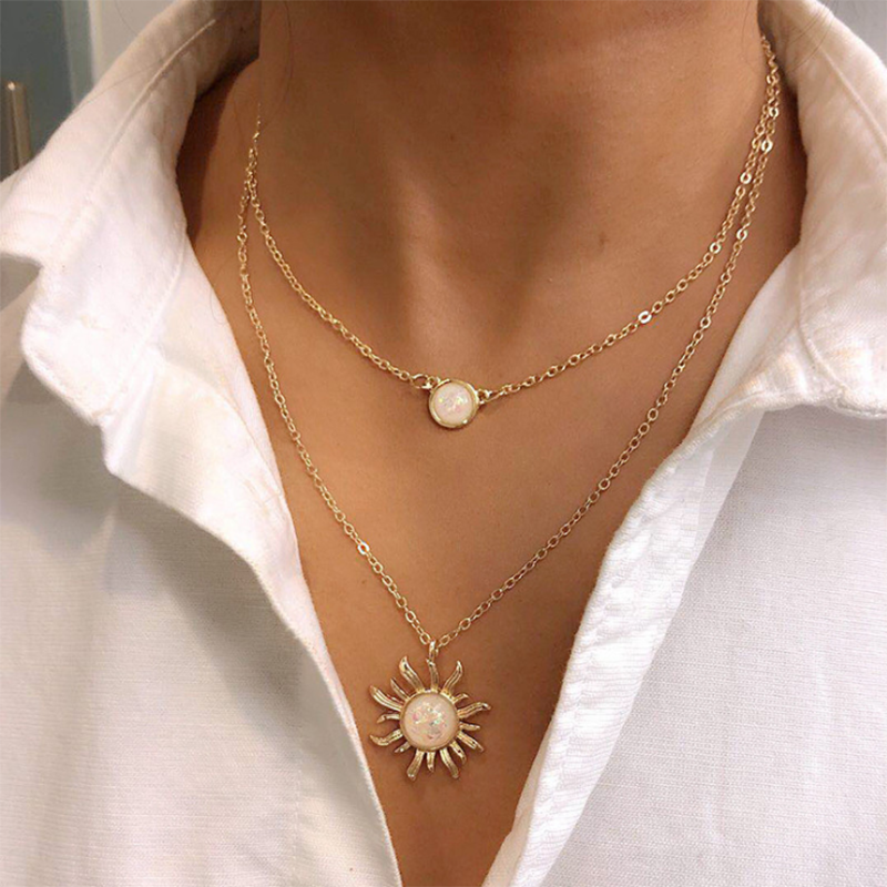 Fashion opal sunflower multilayer necklace
