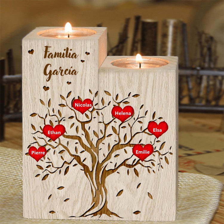 A Familia - candelero de madera sin vela Árbol de la vida Árbol genealógico 6 nombres personalizados con 1 texto