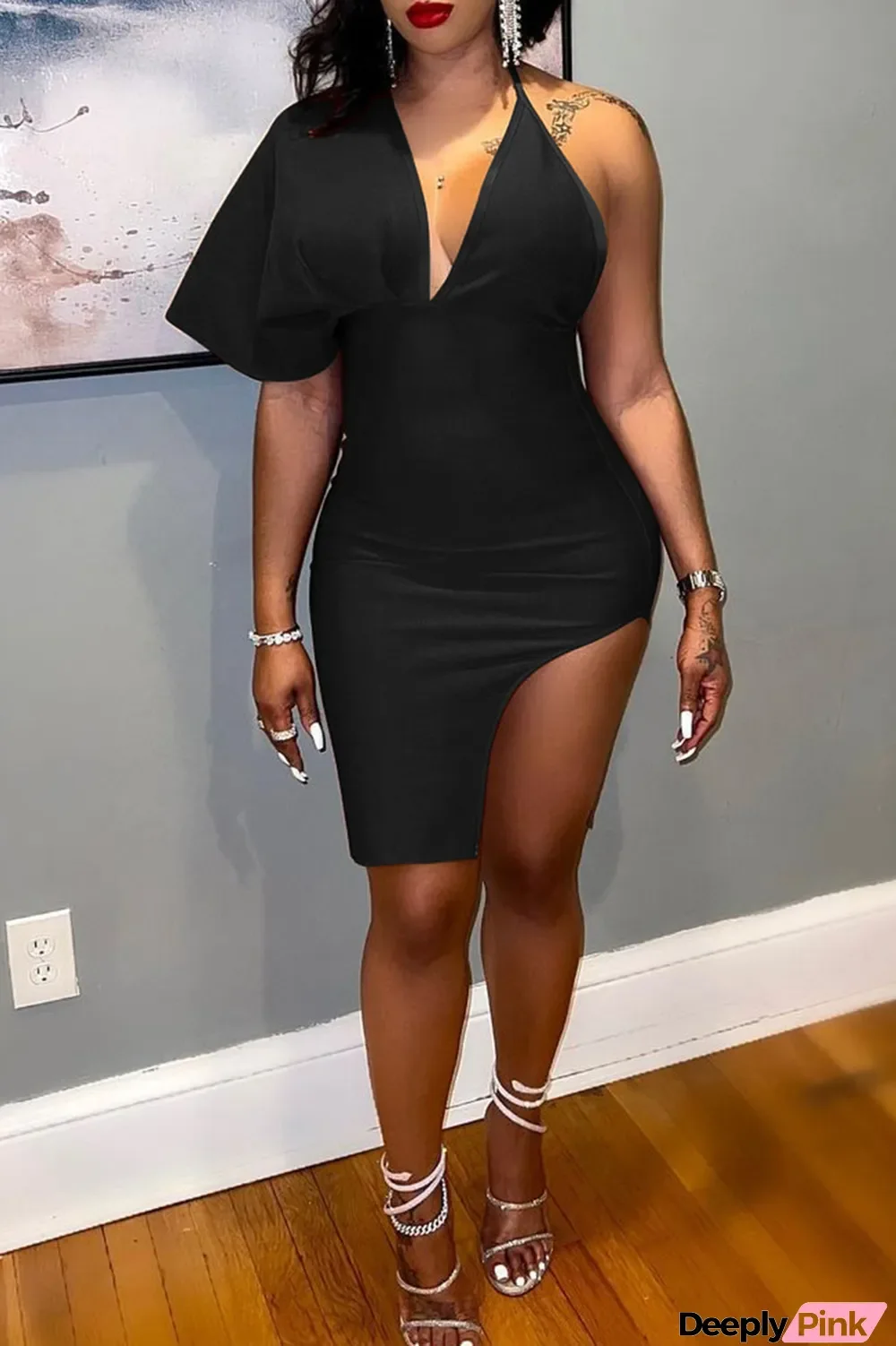 Black Fashion Sexy Solid Backless V Neck Irregular Dress Dresses