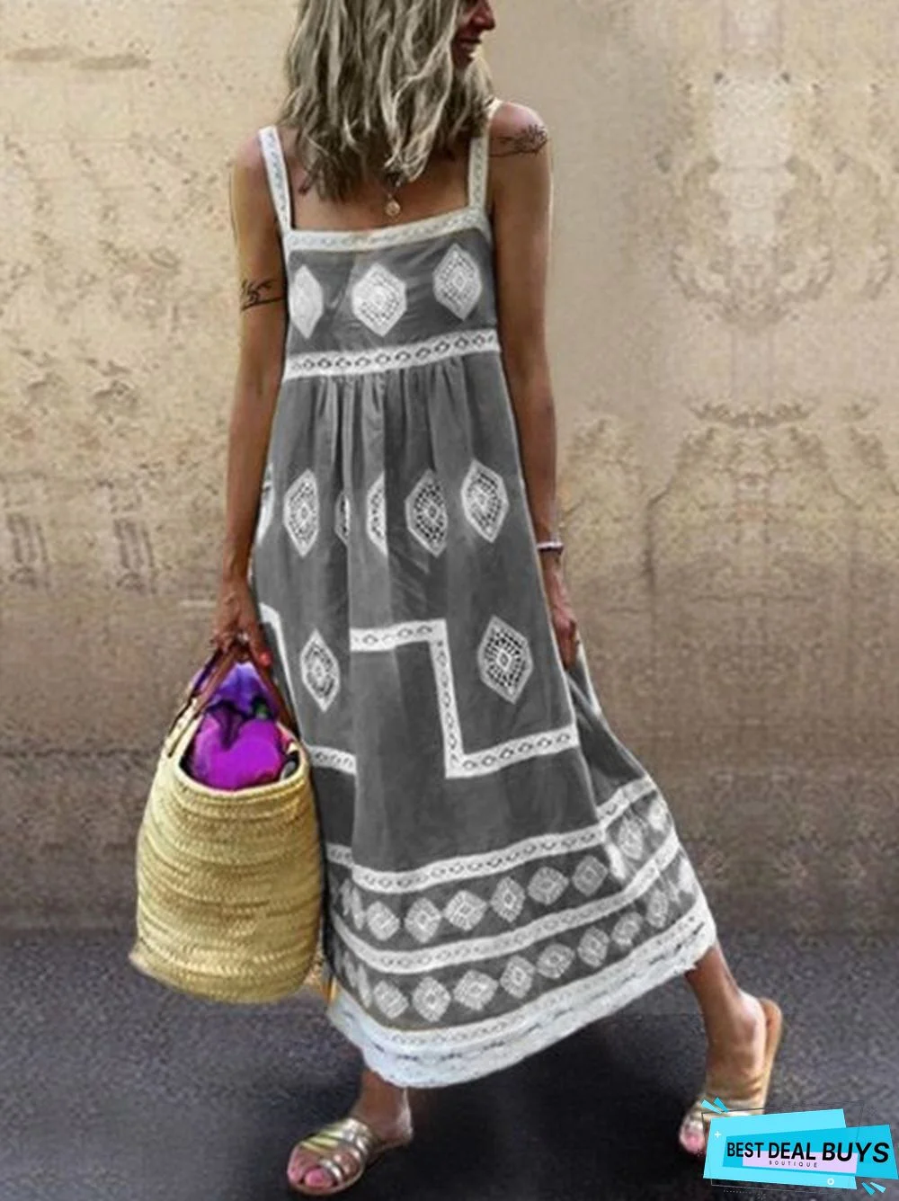 Women Boho Holiday Graphic Linen Maxi Dress