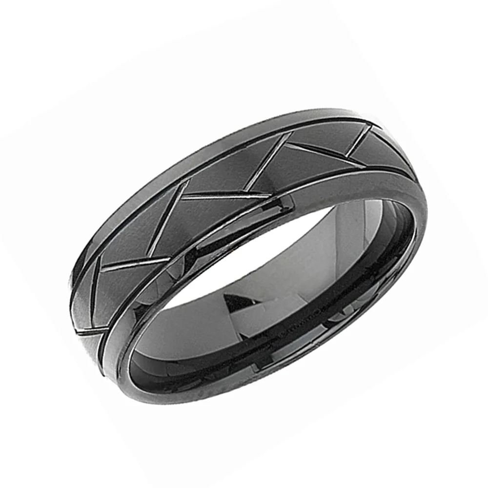 6MM 8MM Black Mens Domed Grooved Tungsten Brushed Wedding Bands