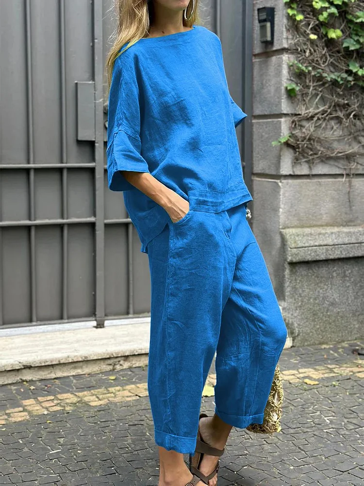Women's 2024 Solid Casual 2Piece Set Crew Neck Mid Sleeve Top and Wide Leg Pant Cotton Linen
