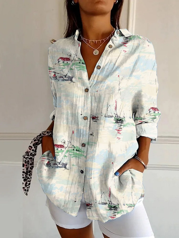 Vintage Sailing Departure Sailboat Print Long Sleeve Shirt