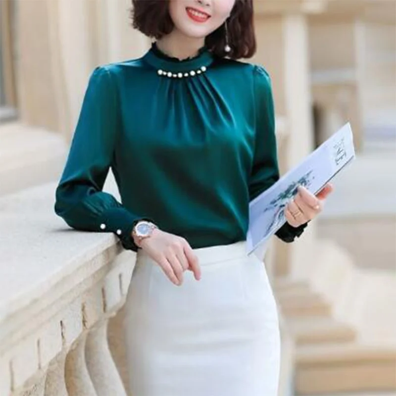 Woherb Autumn Office Lady Ruffles Stand Collar Satin Shirt Top Women Elegant Beading Blusa Oversized All-match Pullover Blouse