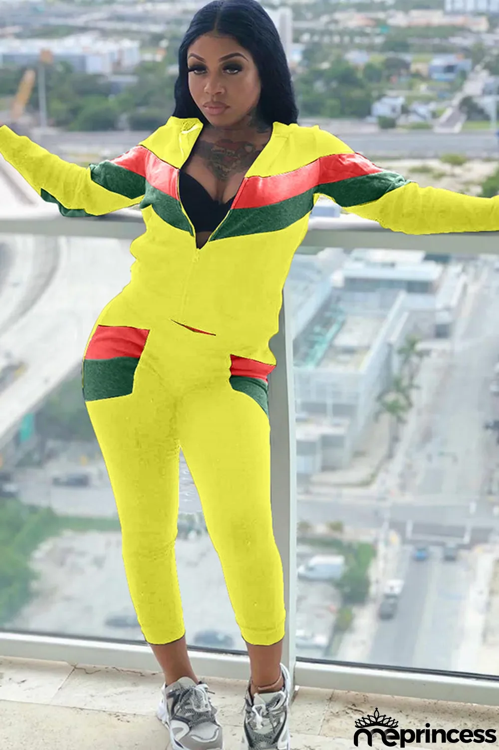 Blue Polyester Casual Two Piece Suits Patchwork Striped Straight Long Sleeve Two-piece Pants Set