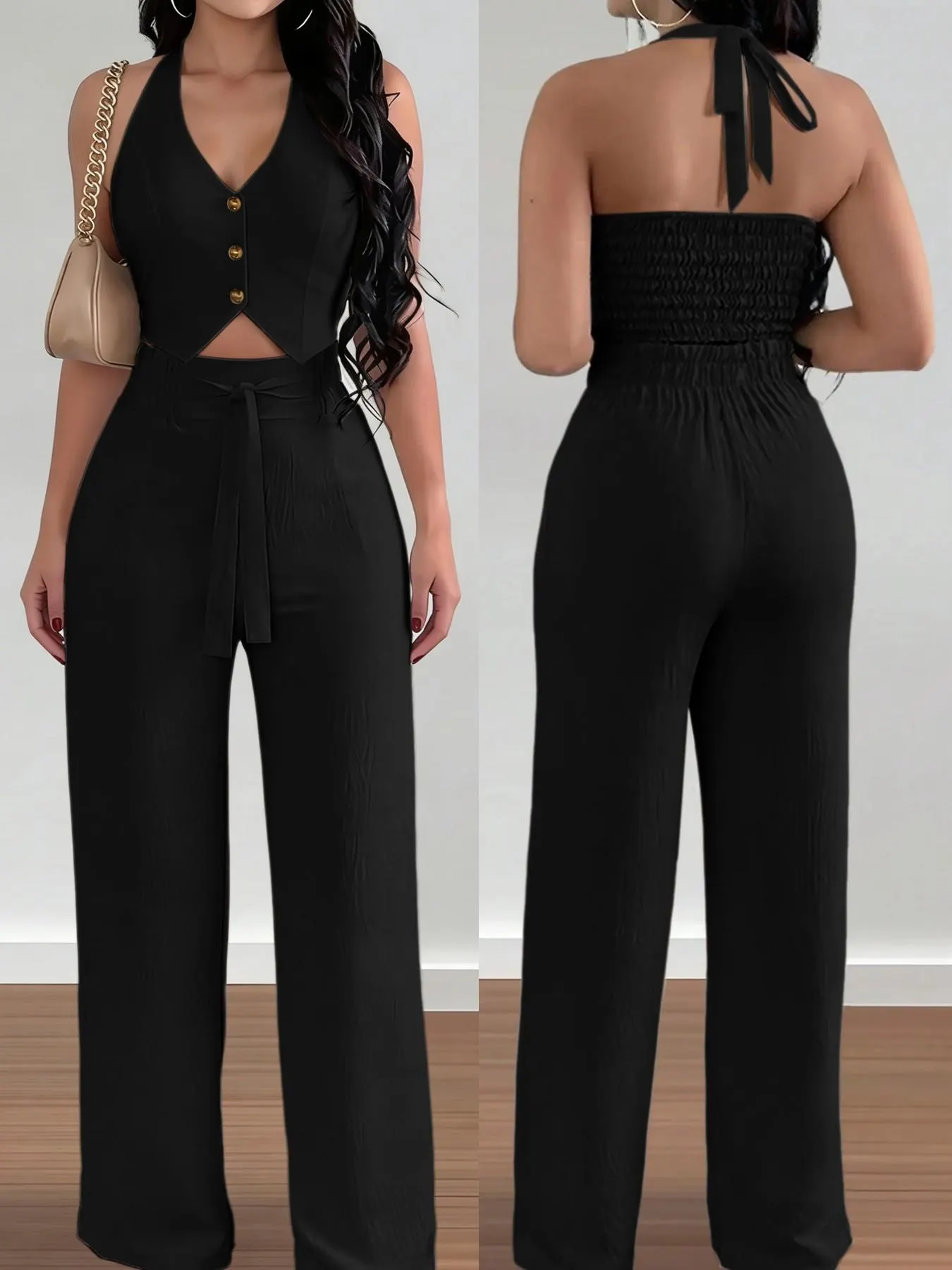 Women's Halter Crop Top & Wide-Leg Pants Set, Womenswear, Comfortable Woven Material & Halter Neck Design & Smocked Back & Tie-Waist Silhouette,2pcs Women's Halter Crop Top & Wide-Leg Pants Set, Womenswear, Comfortable Woven Material & Halter Neck Design & Smocked Back & Tie-Waist Silhouette,2pcs