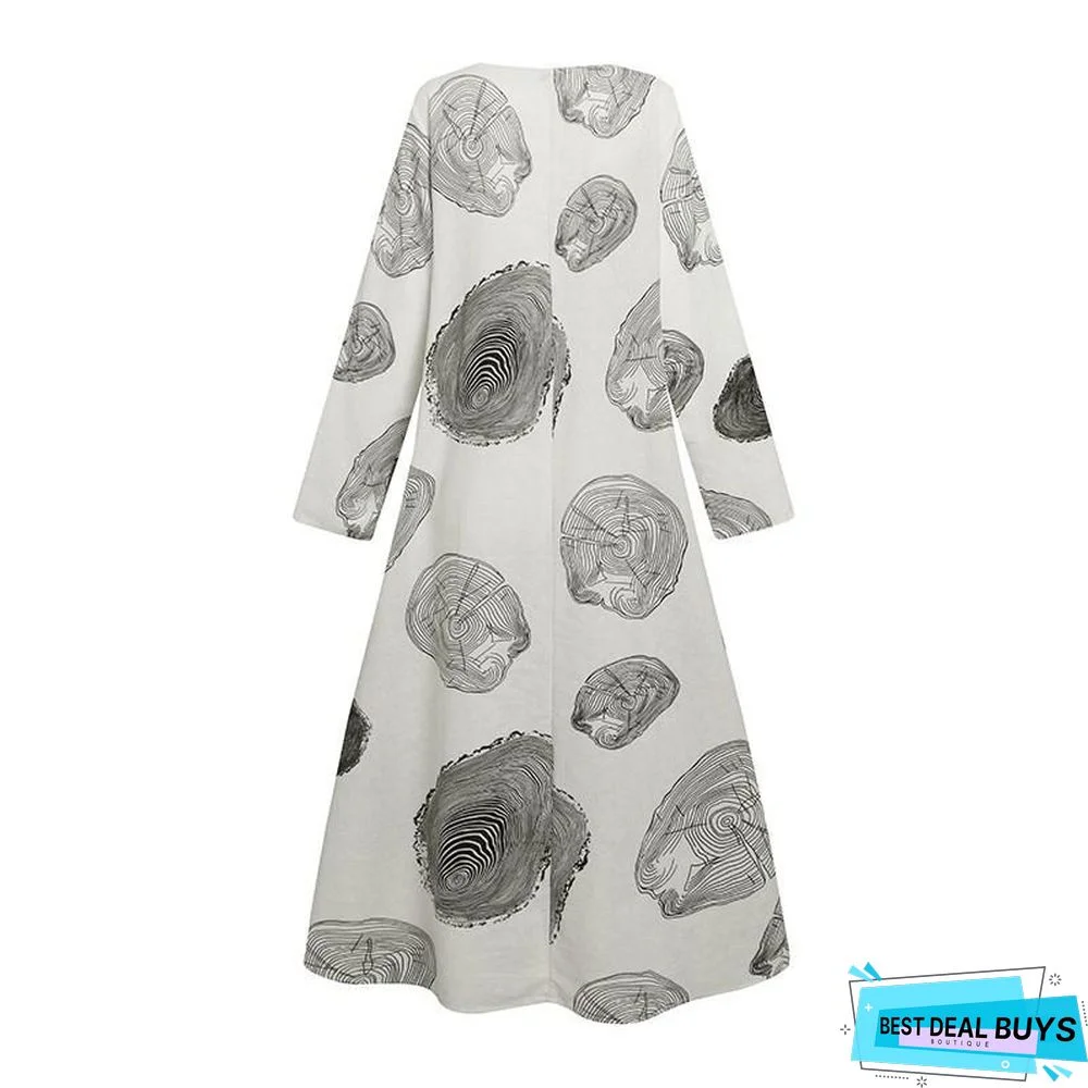 Autumn Women's Print Large Pocket Long Sleeve Casual Retro Dress Black Dresses