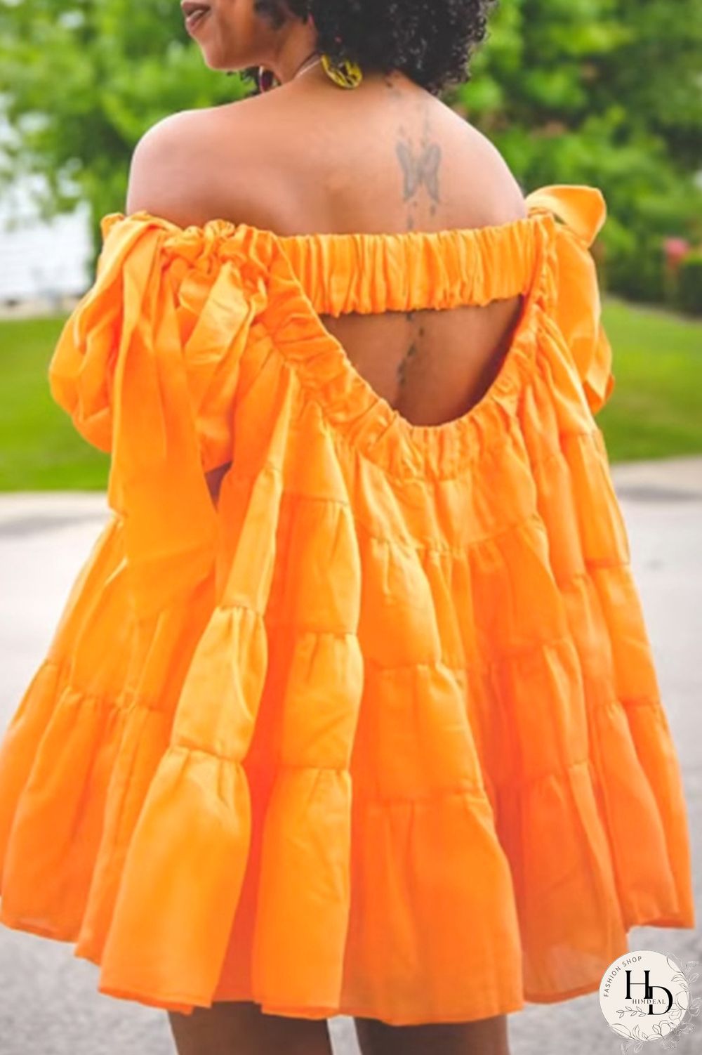 Orange Sexy Casual Solid Patchwork Backless Off the Shoulder Short Sleeve Dress